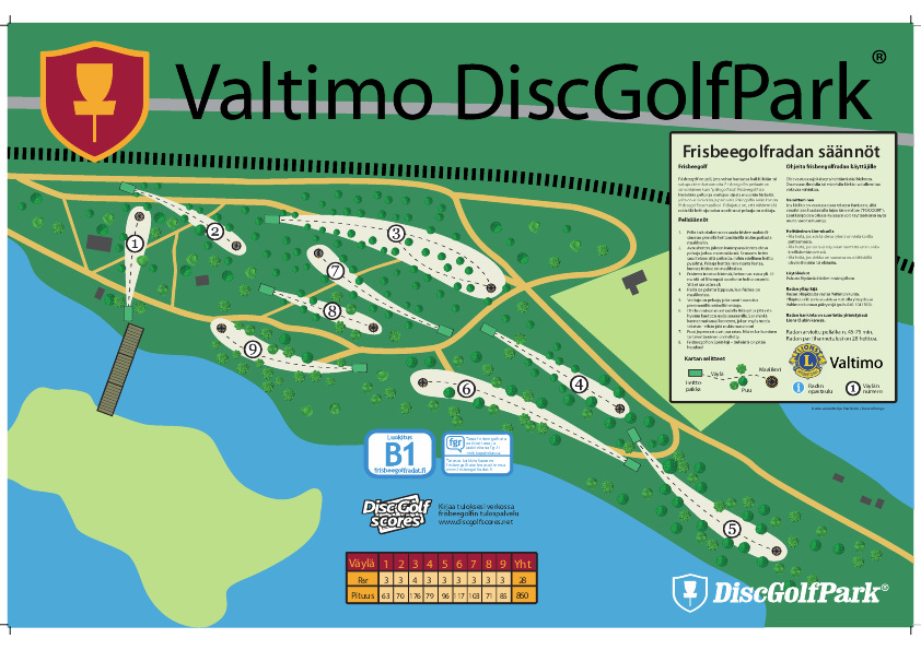 Kuvassa yhdeksänväyläisen Discgolf radan kartta ja säännöt